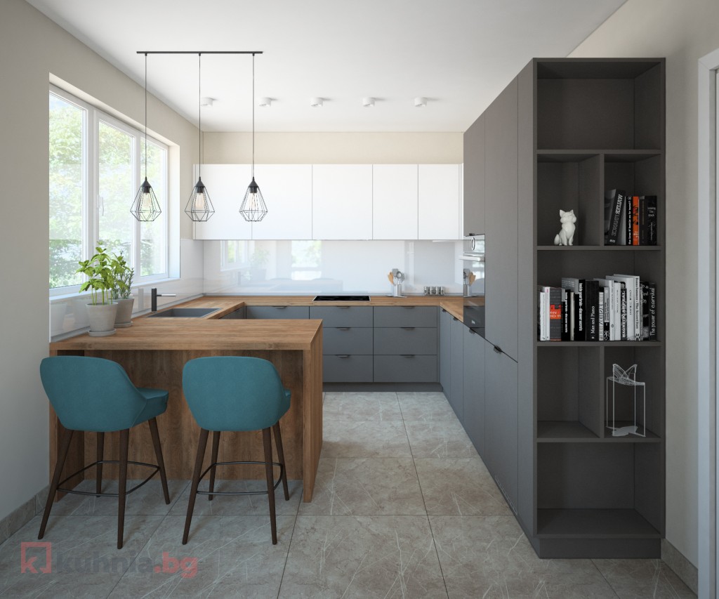 П-образна кухня Лора с полуостров и отворени елементи