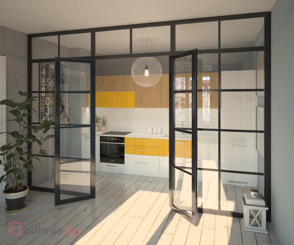 Права кухня с акценти в жълто