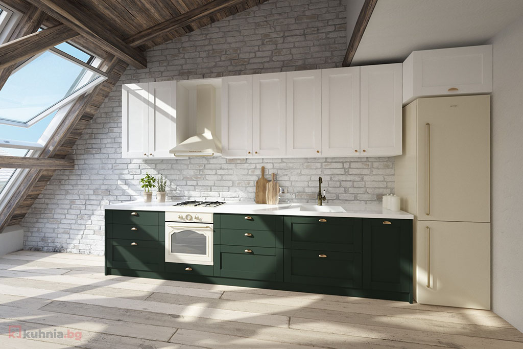 Права кухня Кала в бяло и зелено