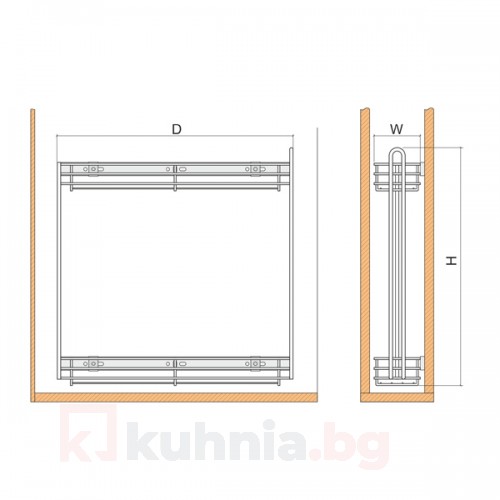 Кошница странично водене, с плавно прибиране, скрит водач - за шкаф 150, 200 мм