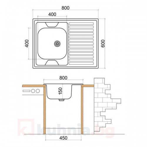 Мивка с плот и борд LIVINOKS - 800х600х150мм  
