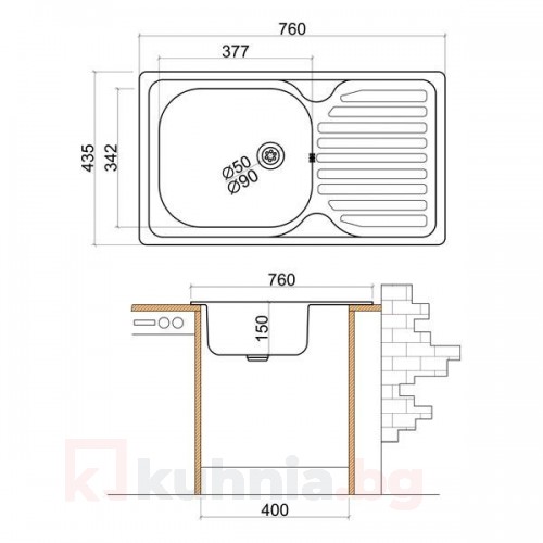 Мивка с плот LIVINOKS 760х435х150мм