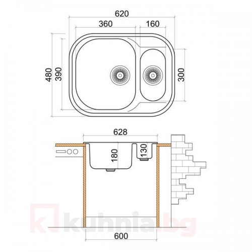 Мивка единична с отцедник LIVINOKS 620х480х180мм