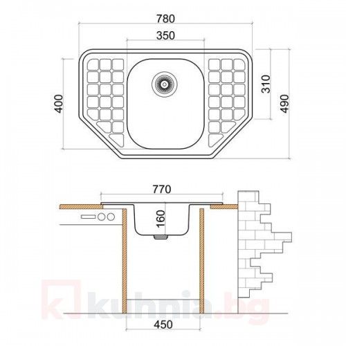 Мивка ъглова LIVINOKS 780х490х160мм 
