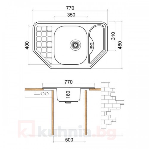 Мивка ъглова LIVINOKS 770х480х160мм