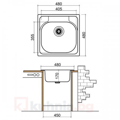 Мивка единична LIVINOKS 480х480х170мм