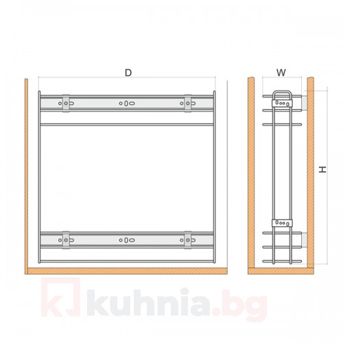Кошница странично водене, с плавно прибиране - за шкаф 250 мм