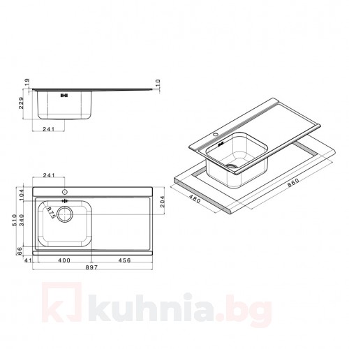 Мивка за вграждане VERSO 90.1 R/L TI