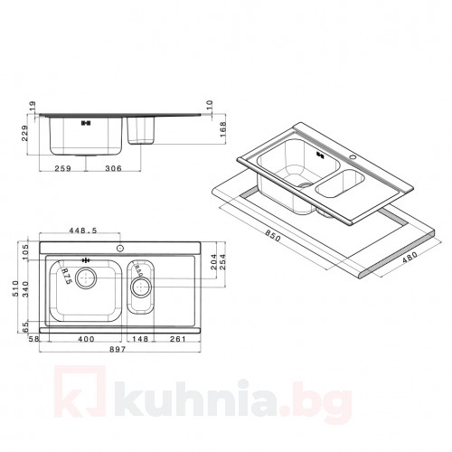 Мивка за вграждане  VERSO 90.1.5 R/L TI