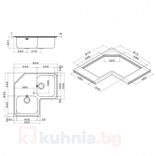 Мивка за вграждане  ANGOLO 83.2 SI