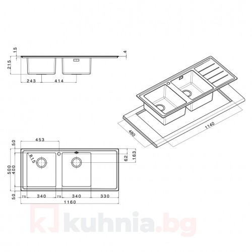 Мивка за вграждане MEGA 116.2 R/L TI
